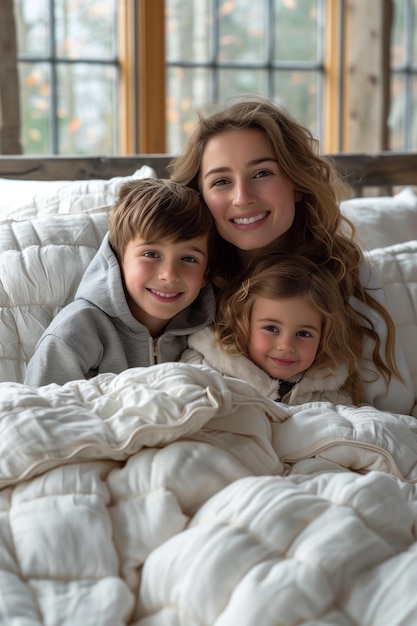 Happy Woman and Children Enjoying Quality Time Together in a Spacious Bed