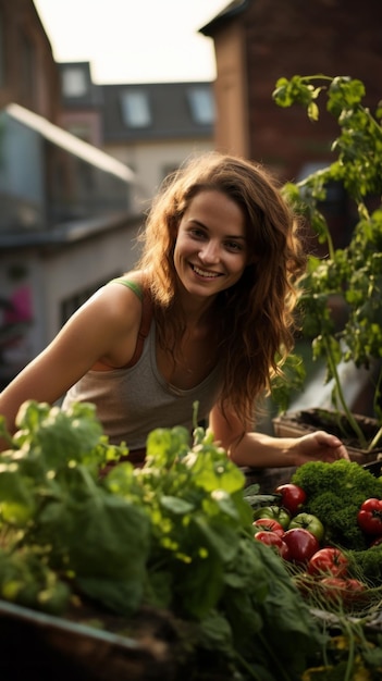 A Happy Woman collects Fresh Vegetables and Herbs in the Communal City Garden on the Roof Agriculture Harvest Summer Autumn Organic Products Healthy Food Farming concepts