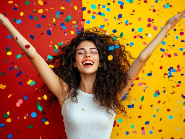 Photo happy woman in confetti shower