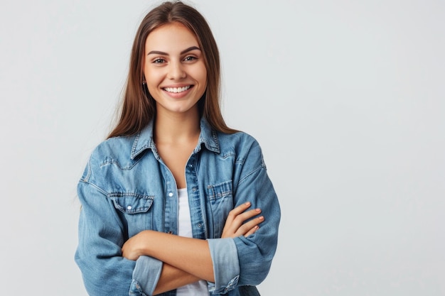 Happy woman in denim shirt with crossed arms smiling at camera