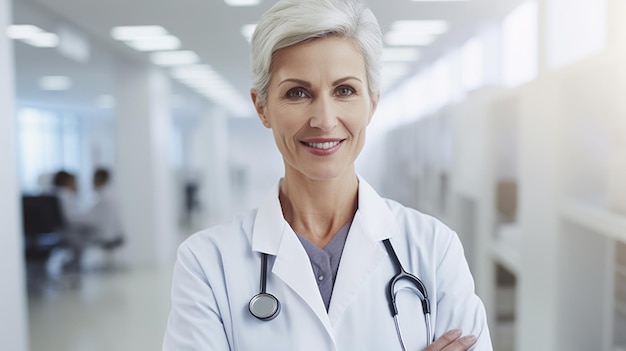 Happy woman doctor examining or treating a patient In a hospital with Generative AI