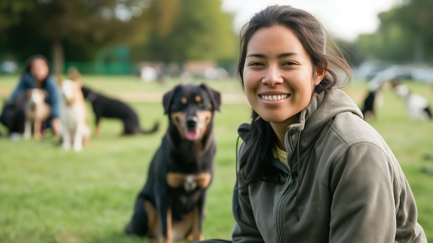 Happy Woman Dog Trainer in Park Wearing Casual Clothes Showing Patience and Training Dogs