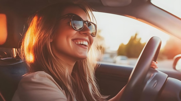 Photo happy woman driving a car smiling with sun shining on her face