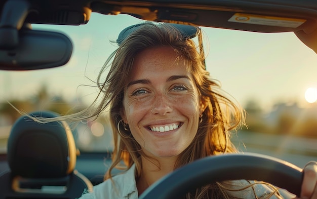 Photo happy woman driving convertible car during golden hour