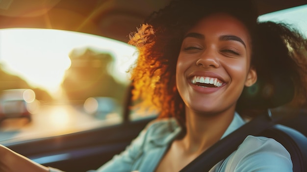 Happy Woman Driving Her Car During Golden Hour