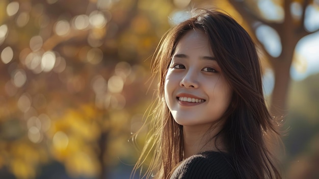 Happy Woman Enjoying Autumn Day Amongst Golden Foliage