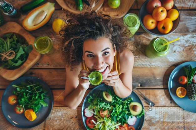 Photo happy woman enjoying healthy salad