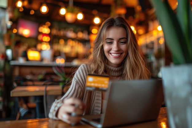 A happy woman enjoying online shopping with her credit card with a empty space Generative AI