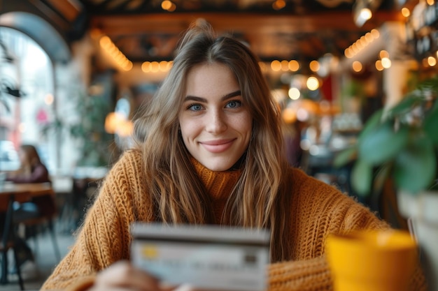 A happy woman enjoying online shopping with her credit card with a empty space Generative AI