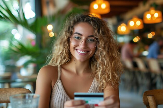 A happy woman enjoying online shopping with her credit card with a empty space Generative AI