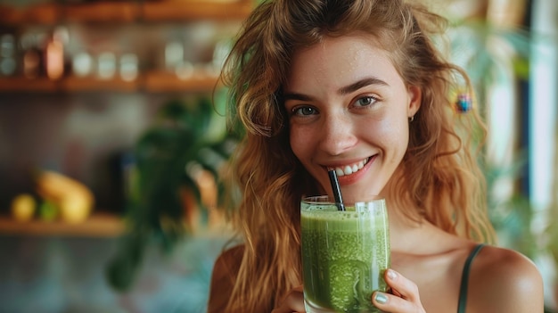 Happy Woman Enjoying a Refreshing Green Smoothie in a Cafe