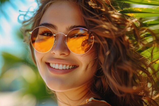 Happy woman enjoying sunny beach day in summer