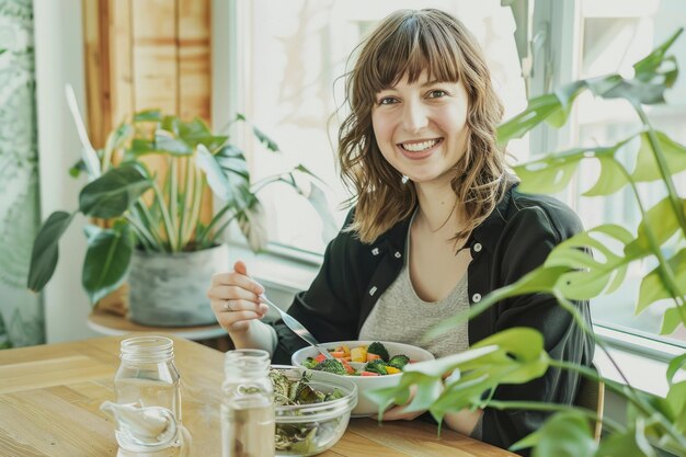 Photo happy woman enjoys healthy meal at home surrounded by plants bright and airy photo ideal for healthy living wellness kitchen themes natural lifestyle captured generative ai