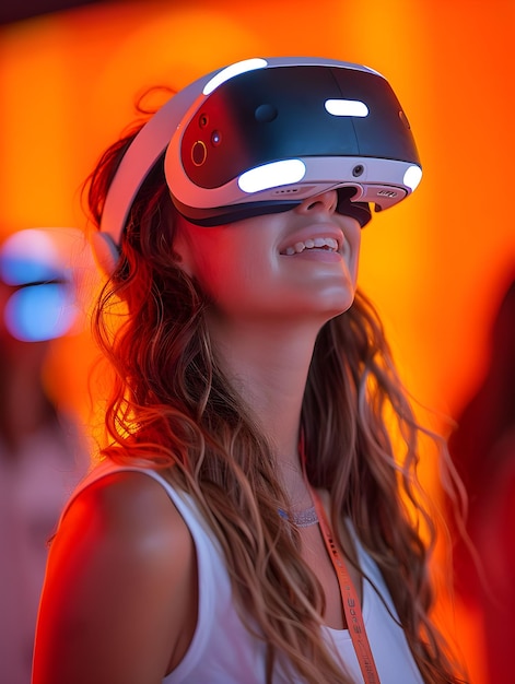 Happy Woman Experiencing Futuristic VR Headset Ai Generated