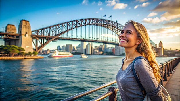 Photo happy woman exploring sydney with harbour bridge in the background australia