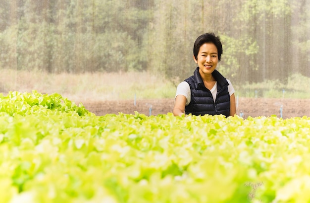 Happy woman farmer standing in hydroponic organic vegetable farm