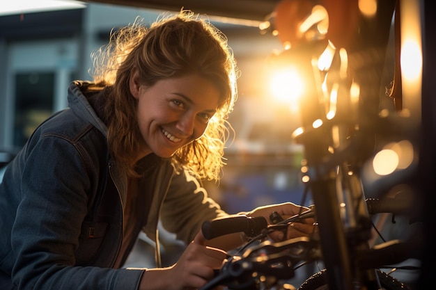 Happy woman fixing bicycle on a bicycle rack with Generative AI