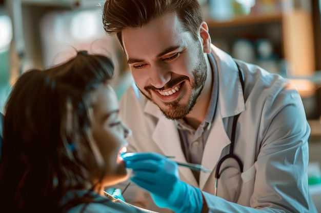 Happy woman getting dental checkup at dentistry Dentist using dental equipment for examination