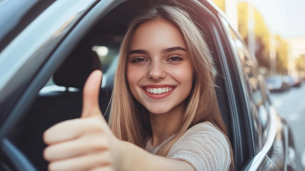 Happy Woman Giving Thumbs Up While Sitting in Car