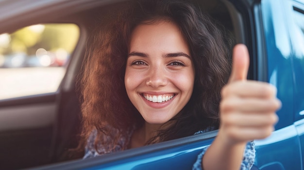 Happy Woman Giving Thumbs Up While Sitting in Car