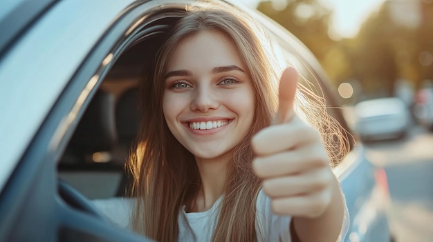 Happy Woman Giving Thumbs Up While Sitting in Car