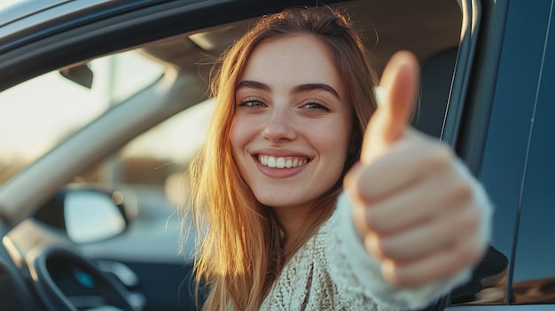 Happy Woman Giving Thumbs Up While Sitting in Car