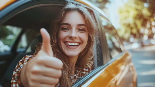 Happy Woman Giving Thumbs Up While Sitting in Car