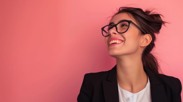 Happy Woman in Glasses Looking Up