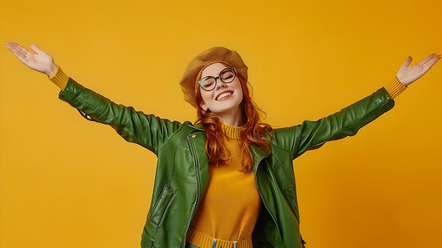 Happy woman in green jacket and beret with open arms on yellow background Vibrant colors Concept of joy and freedom AI