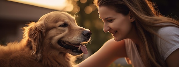 Happy woman and her dog outdoors in the summer