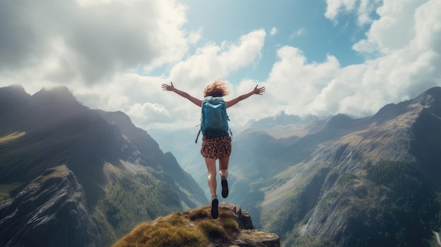 Happy woman hiker jumping on top of a mountain with arms outstretched