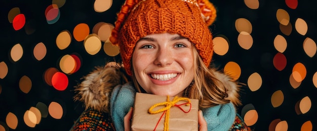 Happy woman holding a gift box with a warm inviting smile