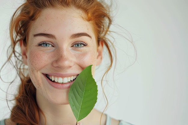 Happy Woman Holding Green Leaf Over White Background