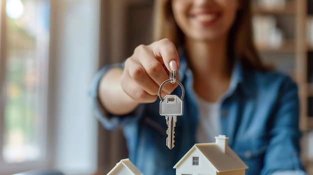 Happy Woman Holding Keys and Model of Residential Buildings as Real Estate Agent Shows New Home Key