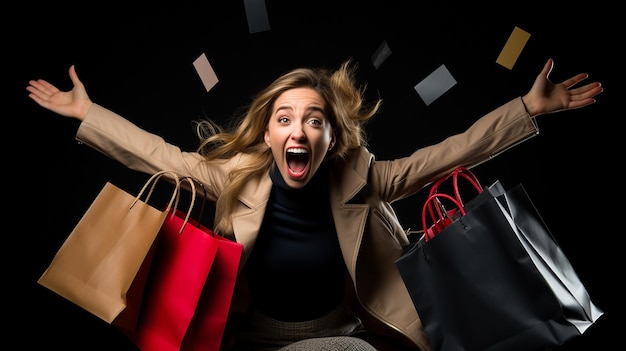 Photo happy woman holding many shopping bags