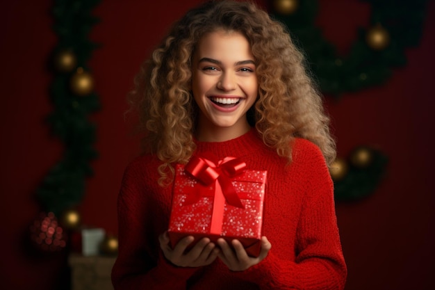 a happy woman holding the red gift box bokeh style background