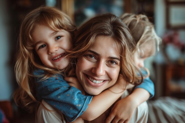 Happy woman hugging two cheerful kids family love mother children affection togetherness candid bonding concept