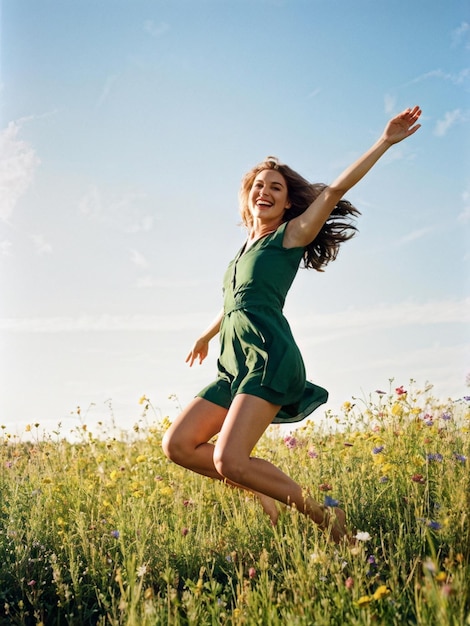 Photo happy woman jumping in green meadow