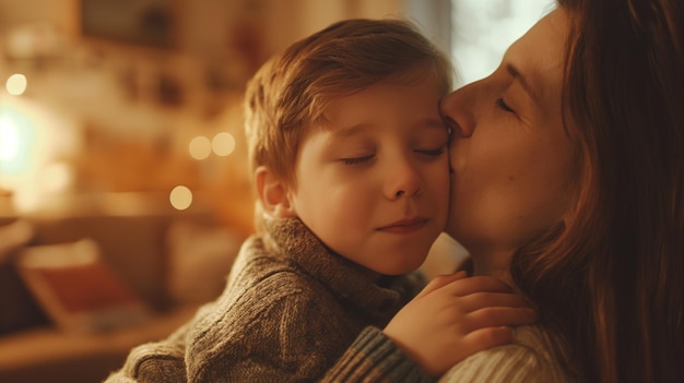 Happy woman kissing smiling child