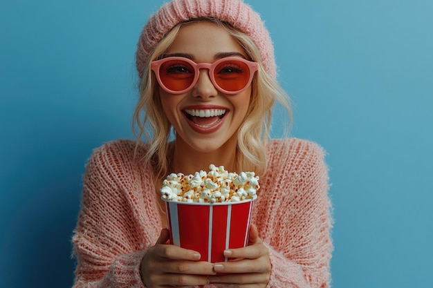 Photo happy woman in knitwear cardigan and 3d glasses eating popcorn while watching comedy on blue backg