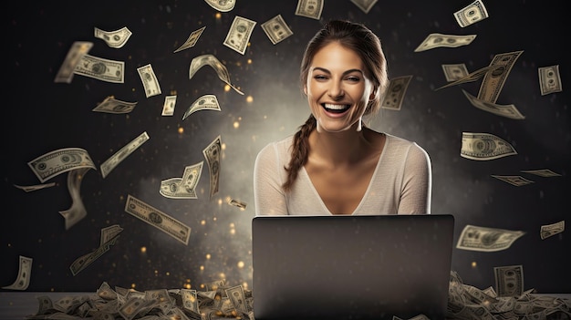 happy woman looking at her laptop surrounded by raining money