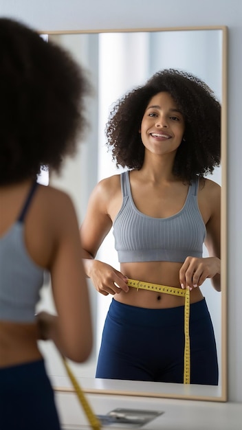 Happy woman looks at herself in the mirror holding a tape measure on her waist