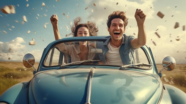 a happy woman and man are traveling in a car