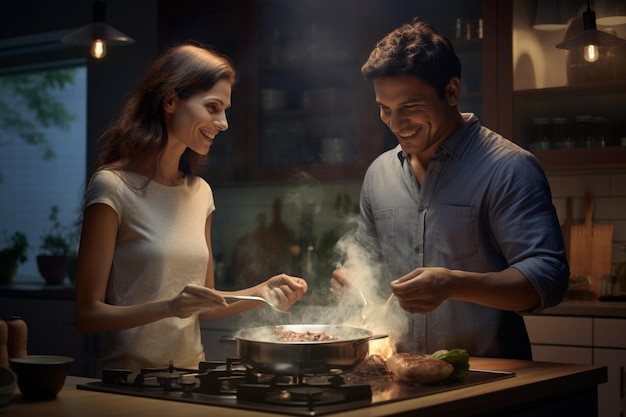 Happy woman and man cooking and preparing food in the kitchen with Generative AI