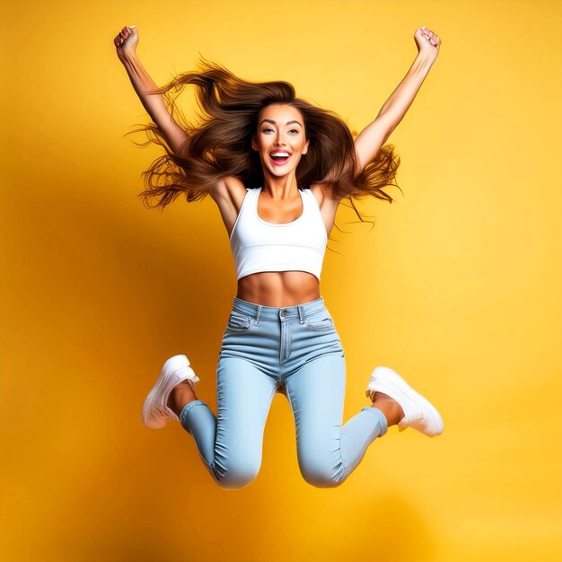 Photo happy woman midair in stylish jeans and crop top