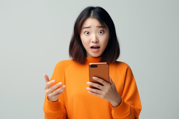 Happy woman in orange shirt using a smartphone symbolizing connectivity and tech