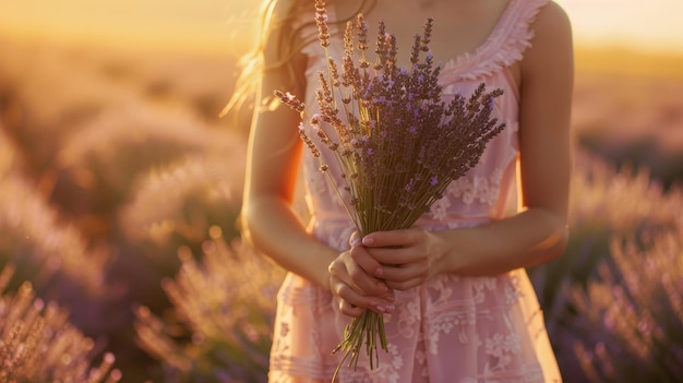 Happy woman in pink dress with lavender bouquet at sunset aromatherapy lavender oil concept