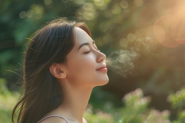 Photo happy woman practicing deep breath exercises outdoors for peace of mind