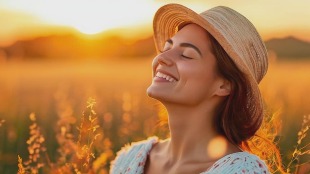 Photo happy woman a radiant woman enjoys a moment of serenity in a sunlit field during golden hour her eyes are closed and she has a peaceful smile basking in the warmth and tranquility of the sunset