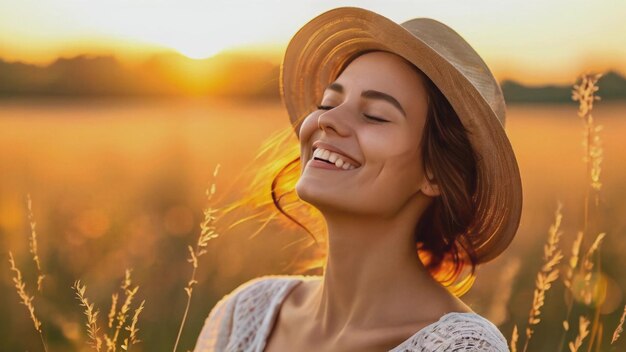 Photo happy woman a radiant woman enjoys a moment of serenity in a sunlit field during golden hour her eyes are closed and she has a peaceful smile basking in the warmth and tranquility of the sunset